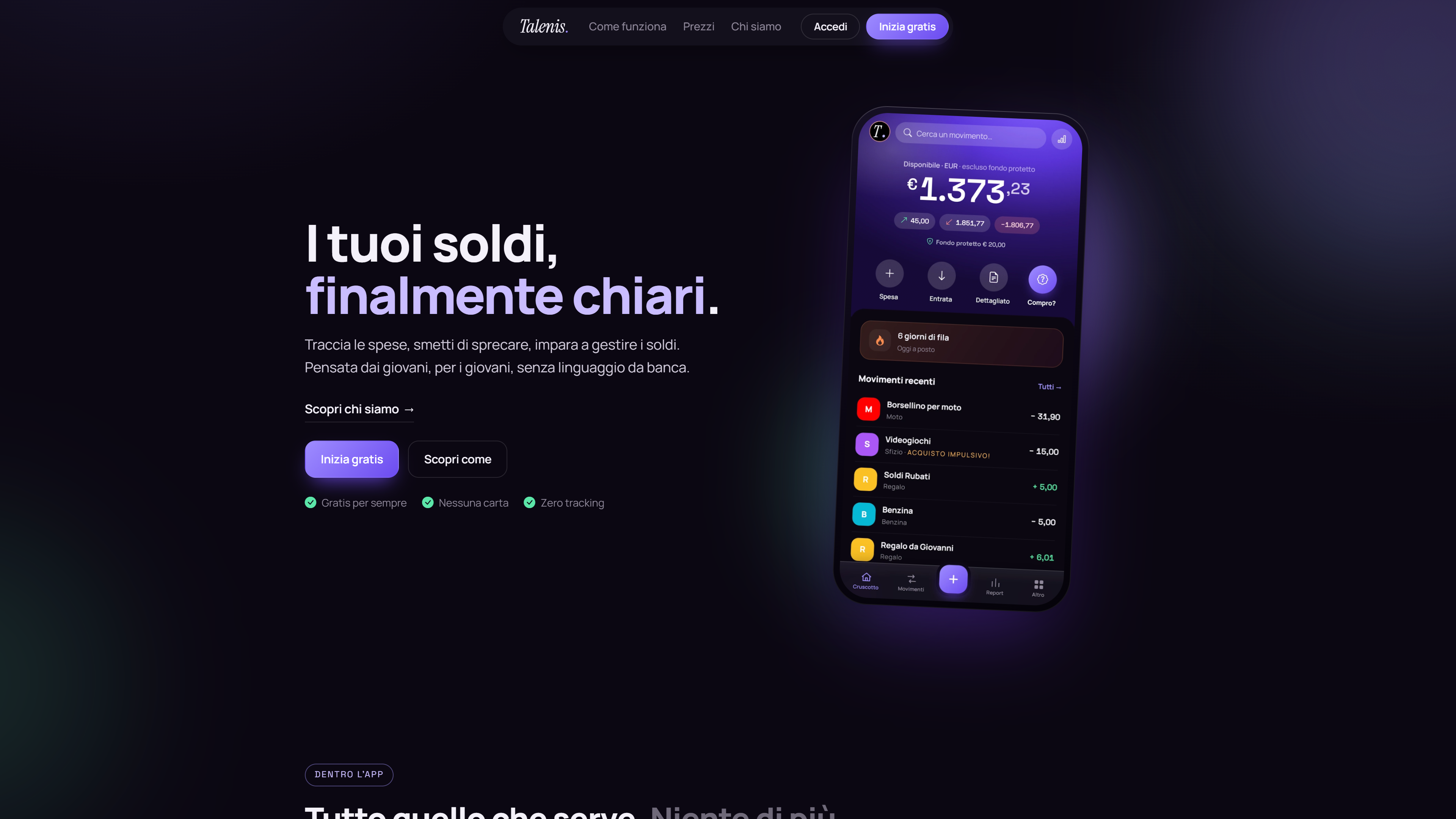 Screenshot di Talenis, app di gestione del denaro per giovani